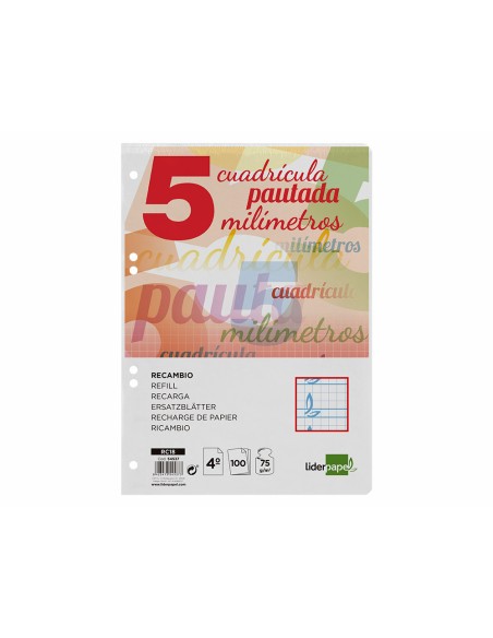 Recambio liderpapel cuarto pautaguia 100 hojas 75 g cuadriculado pautado 5 mm con margen 6 taladros