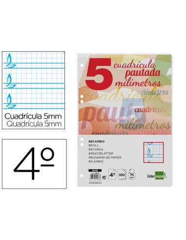 Recambio liderpapel cuarto pautaguia 100 hojas 75 g cuadriculado pautado 5 mm con margen 6 taladros