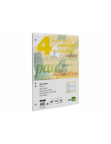 Recambio liderpapel cuarto pautaguia 100 hojas 75 g cuadriculado pautado 4 mm con margen 6 taladros