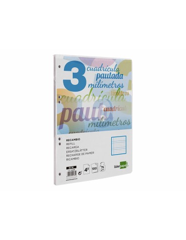 Recambio liderpapel cuarto pautaguia 100 hojas 75 g cuadriculado pautado 3 mm con margen 6 taladros