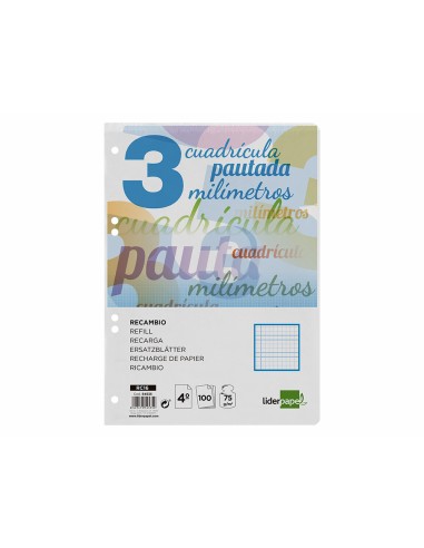 Recambio liderpapel cuarto pautaguia 100 hojas 75 g cuadriculado pautado 3 mm con margen 6 taladros