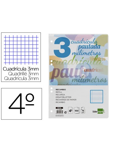 Recambio liderpapel cuarto pautaguia 100 hojas 75 g cuadriculado pautado 3 mm con margen 6 taladros