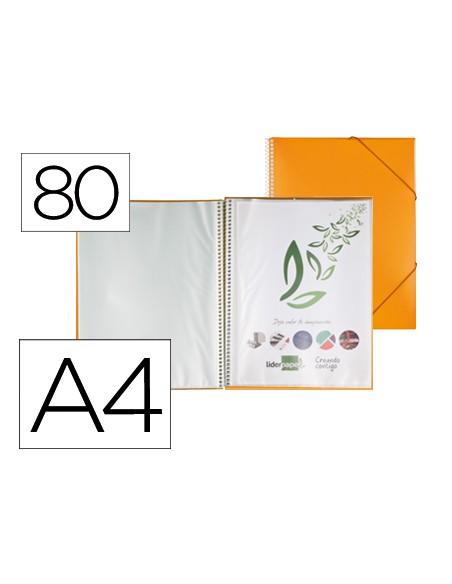 Carpeta liderpapel escaparate con espiral 80 fundas polipropileno din a4 naranja