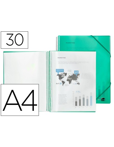 Carpeta liderpapel escaparate con espiral 30 fundas polipropileno din a4 verde