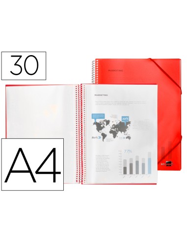 Carpeta liderpapel escaparate con espiral 30 fundas polipropileno din a4 rojo