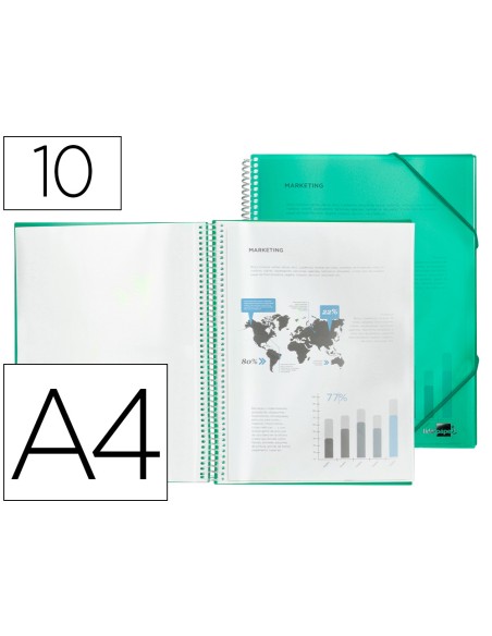 Carpeta liderpapel escaparate con espiral 10 fundas polipropileno din a4 verde Carpeta liderpapel escaparate con espiral 10 fundas polipropileno din a4 verde
