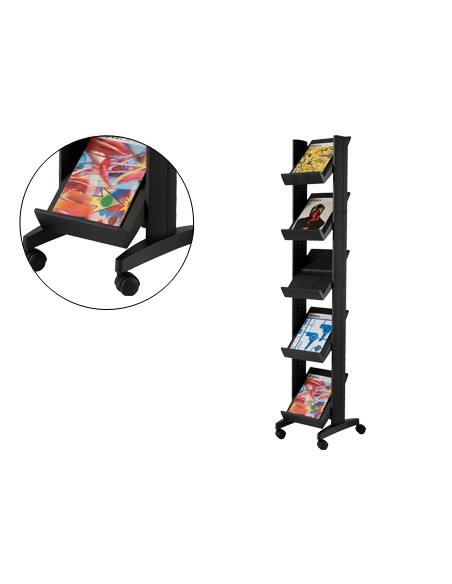 Expositor paperflow de suelo movil 5 estantes de 275x327mm color negro tamano del expositor 350x1675x385 mm