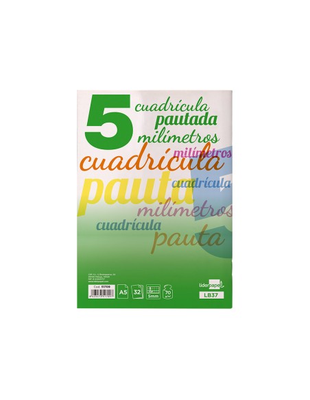 Libreta liderpapel pautaguia tapa cartoncillo 32 hojas din a5 70 g cuadriculado pautado 5 mm