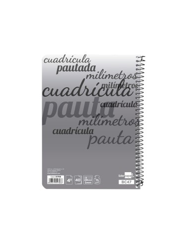 Cuaderno espiral liderpapel cuarto pautaguia tapa blanda 40h 75 gr cuadro pautado 5mm colores surtidos