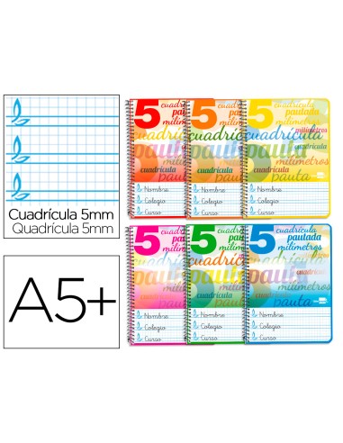 Cuaderno espiral liderpapel cuarto pautaguia tapa blanda 40h 75 gr cuadro pautado 5mm colores surtidos