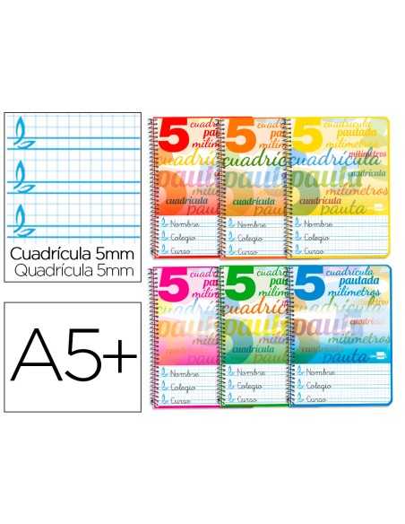 Cuaderno espiral liderpapel cuarto pautaguia tapa blanda 40h 75 gr cuadro pautado 5mm colores surtidos