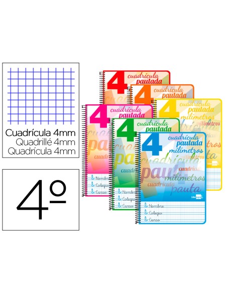Cuaderno espiral liderpapel cuarto pautaguia tapa blanda 40h 75 gr cuadro pautado 4mm colores surtidos