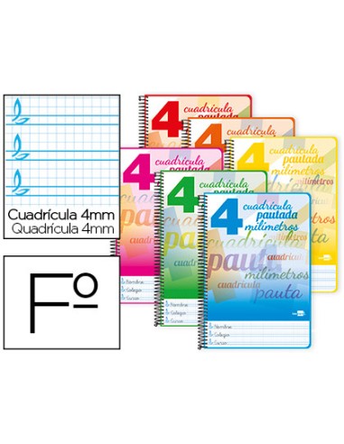 Cuaderno espiral liderpapel folio pautaguia tapa blanda 80h 75 gr cuadro pautado 4mm colores surtidos