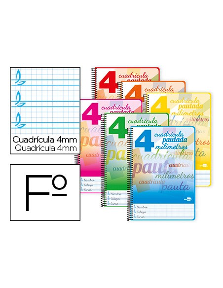 Cuaderno espiral liderpapel folio pautaguia tapa blanda 80h 75 gr cuadro pautado 4mm colores surtidos