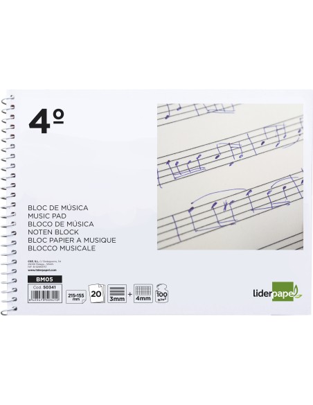 Bloc musica liderpapel combi pentagrama 3mm mas cuadricula de 4mm para anotaciones cuarto20 hojas 100g m2