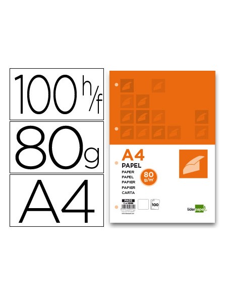 Papel liderpapel a4 80g m2 liso 4 taladros paquete de 100 hojas