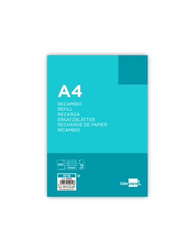 Recambio liderpapel a4 100 hojas 75g m2 cuadro 4mm con margen 4 taladros