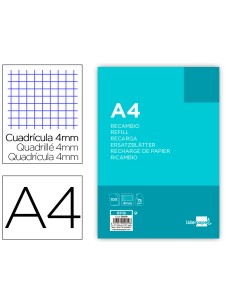 Recambio liderpapel a4 100 hojas 75g m2 cuadro 4mm con margen 4 taladros