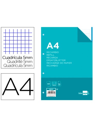 Recambio liderpapel a4 120 hojas 80g m2 cuadro 5mm sin margen 4 taladros bandas de 5 colores