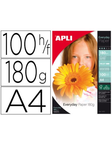 Papel fotografico apli glossy din a4 pack 100 hojas de 180 gr