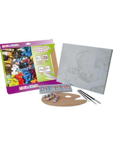 Set pintura al oleo lidercolor contiene 1 lienzo imprimacion 30x40cm 1 paleta madera 3 brochas tubos 12x12ml oleo