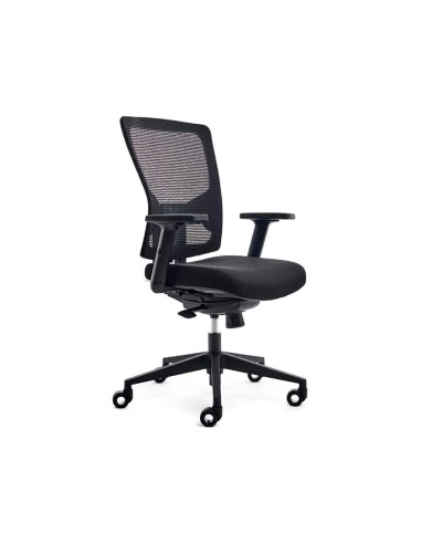 Silla rocada de oficina con brazos tapizada en tela ingnifuga y respaldo en polimero color azul