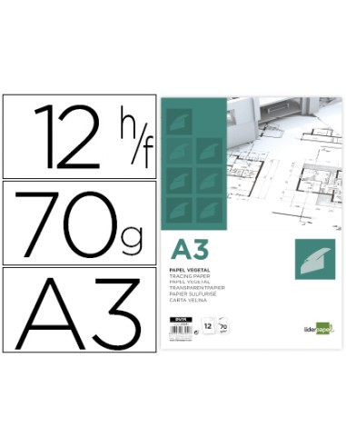 Papel dibujo liderpapel a3 297x420mm 70g m2 vegetal sobre de 12 hojas