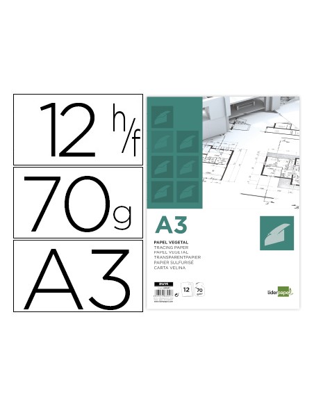 Papel dibujo liderpapel a3 297x420mm 70g m2 vegetal sobre de 12 hojas