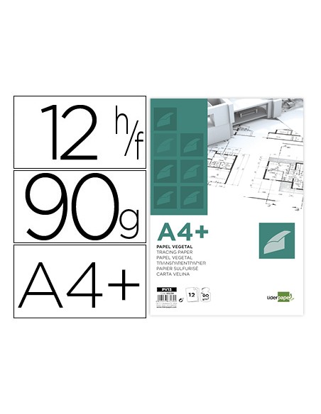 Papel dibujo liderpapel a4 320x240mm 90g m2 vegetal sobre de 12 hojas