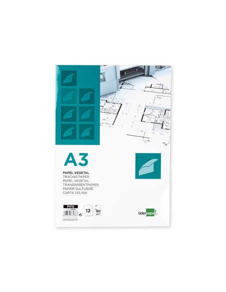 Papel dibujo liderpapel a3 297x420mm 90g m2 vegetal sobre de 12 hojas