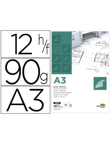 Papel dibujo liderpapel a3 297x420mm 90g m2 vegetal sobre de 12 hojas