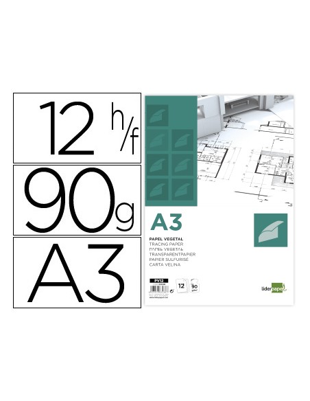 Papel dibujo liderpapel a3 297x420mm 90g m2 vegetal sobre de 12 hojas