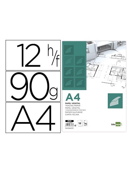 Papel dibujo liderpapel a4 210x297mm 90g m2 vegetal sobre de 12 hojas Papel dibujo liderpapel a4 210x297mm 90g m2 vegetal sobre de 12 hojas