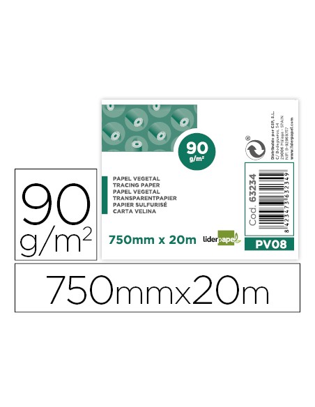 Papel dibujo liderpapel 750mmx20m 90g m2 vegetal rollo