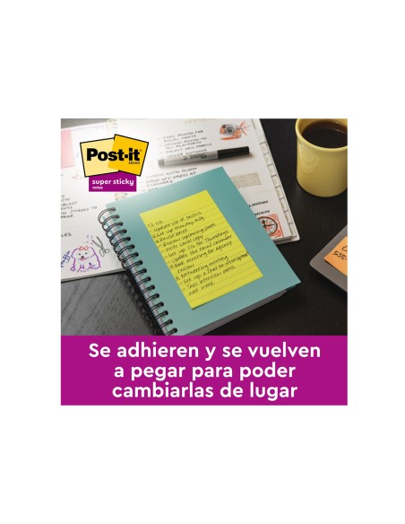 Bloc de notas adhesivas quita y pon post it super sticky 152x101 mm con 45 hojas pack de 4 unidades colores neon