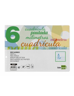 Recambio liderpapel cuarto apaisado pautaguia 100 hojas 75 g cuadriculado pautado 6 mm con margen 2 taladros