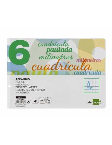 Recambio liderpapel cuarto apaisado pautaguia 100 hojas 75 g cuadriculado pautado 6 mm con margen 2 taladros