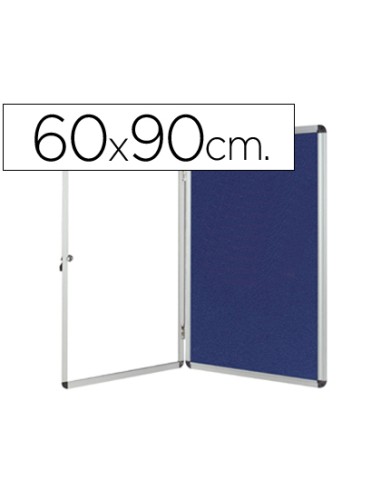 Vitrina de anuncios q connect mural pequena fieltro azul con puerta y marco con cerradura 72x98 cm