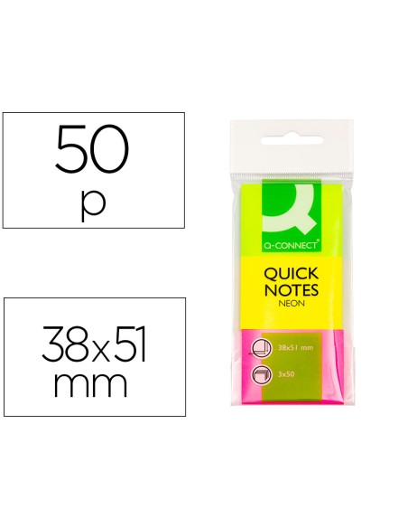Bloc de notas adhesivas quita y pon q connect 38x51 mm neon pack de 3 unidades con 50 hojas por color