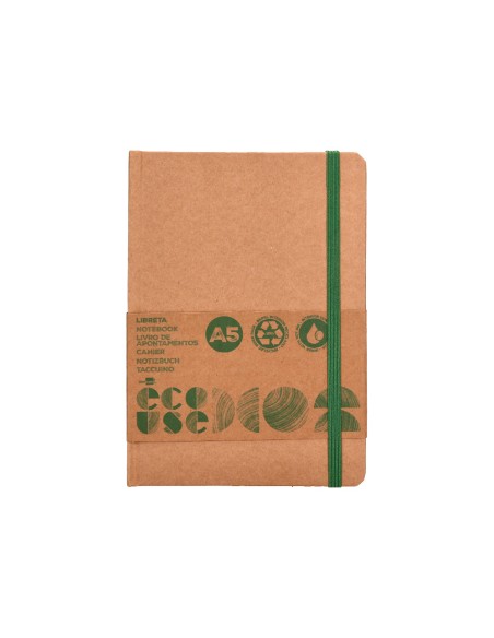 Libreta liderpapel ecouse 100 reciclada a5 96 hojas 70g m2 horizontal con gomilla y marca paginas