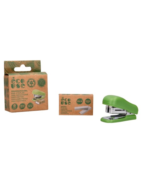 Grapadora liderpapel ecouse mini capacidad 12 hojas 100 plastico reciclado con caja de 1000 grapas 26 6
