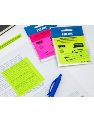 Bloc de notas adhesivas quita y pon milan 76x76 mm removible plastico translucido rosa fluor 50 hojas