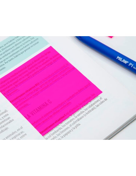 Bloc de notas adhesivas quita y pon milan 76x76 mm removible plastico translucido rosa fluor 50 hojas