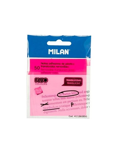 Bloc de notas adhesivas quita y pon milan 76x76 mm removible plastico translucido rosa fluor 50 hojas