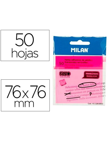 Bloc de notas adhesivas quita y pon milan 76x76 mm removible plastico translucido rosa fluor 50 hojas