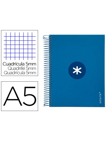 Cuaderno espiral a5 micro antartik tapa forrada120h 90 gr cuadro 5mm 5 bandas6 taladros color azul oscuro