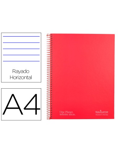 Cuaderno espiral navigator a4 micro tapa forrada 120h 80gr horizontal 5 bandas 4 taladros color rojo