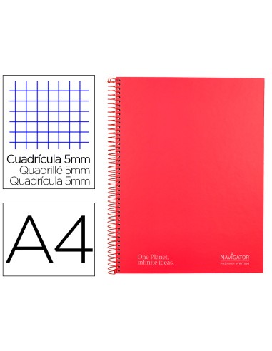 Cuaderno espiral navigator a4 micro tapa forrada 120h 80gr cuadro 5mm 5 bandas 4 taladros color rojo