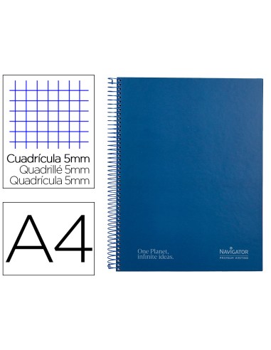 Cuaderno espiral navigator a4 micro tapa forrada 120h 80gr cuadro 5mm 5 bandas 4 taladros color azul marino