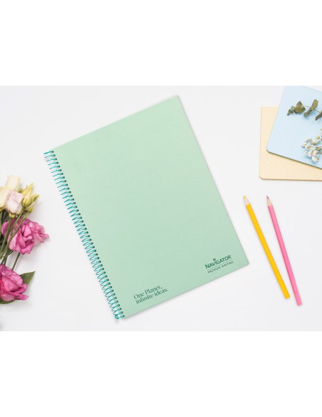 Cuaderno espiral navigator a4 micro tapa forrada 120h 80gr cuadro 5mm 5 bandas 4 taladros color menta